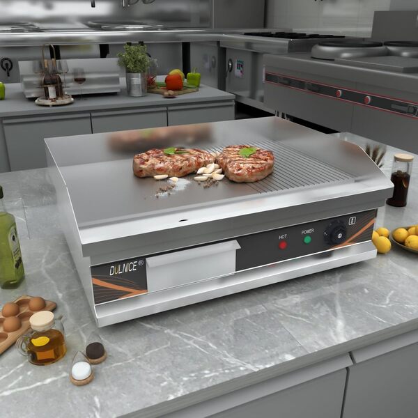 DULNICE Plancha électrique professionnelle inox 3000W Commerciale Plancha de Cuisson,Surface de Cuisson Lisse + Rainurée 220-240V