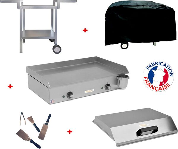 PLANCHAELEC - Pack Complet Plancha Electrique NEO E-650-2400W - Chariot + Accessoires - Inox - Thermostat Réglable - 10 Personnes - Made In France - L65 X P43 X H18 cm