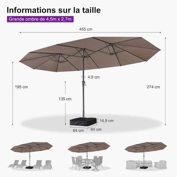 PURPLE LEAF Parasol de Jardin Extérieur 455 x 270 cm en Aluminium, Grand Parasol Double avec Pied, pour Terrasse, Jardin, Balcon, et Piscine, Taupe
