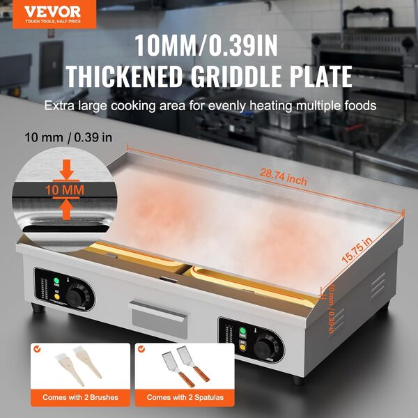 VEVOR Plancha Électrique 4400 W, Plaque à Snacker Commerciale, Plaque de Cuisson en Fer et Acier Inoxydable, Température Réglable 50-300 °C, 2 Pelles et 2 Brosses, pour Barbecue Restaurant Snack-Bar