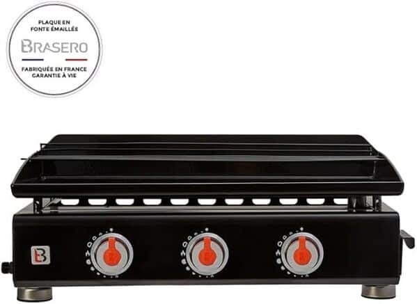 BRASERO - Plancha Silvia II G 3 Feux Surface de Cuisson 67 x 34 cm - 3 brûleurs - Plaque Fonte émaillée fabriquée en France - Grille de réchauffement - Jusqu'à 10 convives - 7,5 KW