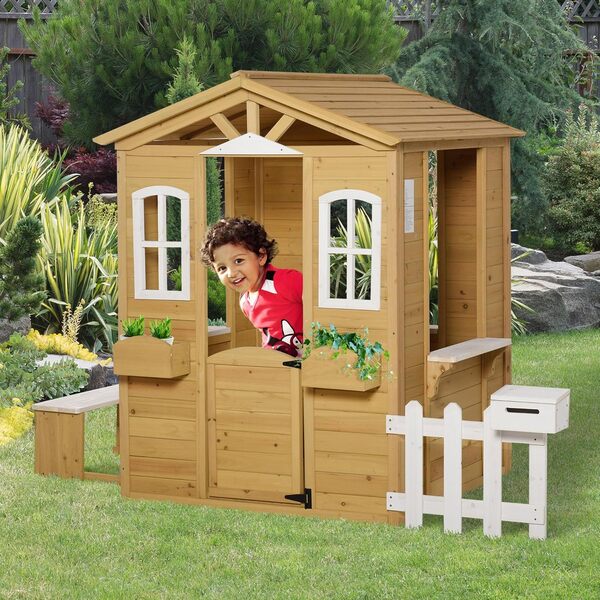 Outsunny Cabane de Jeu pour Enfant Maison de Jardin en Bois Porte et fenêtres, Banc, Boite aux Lettres, clôture, de 3 à 6 Ans 205 x 119 x 140 cm Jaune