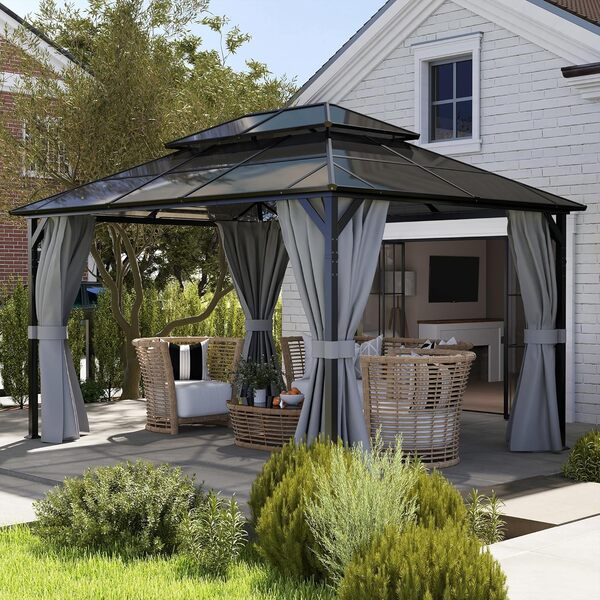 Amopatio Tonnelle de Jardin, 3 x 4 m, étanche, Stable, résistante à l'hiver, avec Polycarbonate – Double Toit, Toit Rigide, avec parois latérales pour Jardin, terrasses, Gris foncé