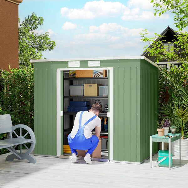 Outsunny Abri de Jardin 2,42m² en métal avec Toit en Pente cabane de Jardin abri à Outils Fondation en Acier galvanisé Incluse - 2 Portes coulissantes et Fondation - 213 x 130 x 173 cm