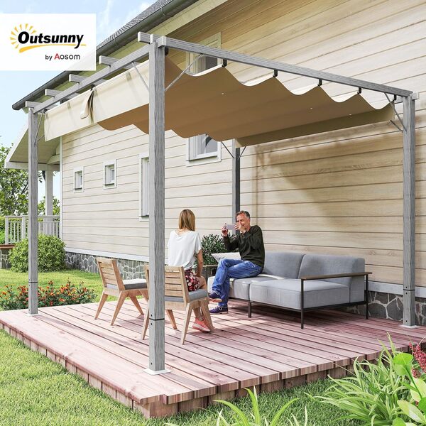 Outsunny Pergola - Tonnelle de jardin d'environ 3 x 3 m - Avec fixation magnétique - Toit de terrasse en aluminium - Avec toit réglable - Autonome - Protection UV 30+ - Pour terrasse et jardin - Gris