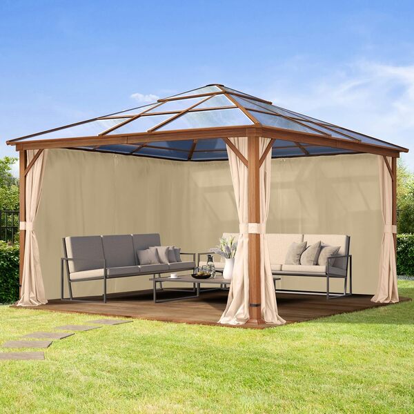 TOOLPORT Tonnelle de Jardin 4x4 m Aspect chêne, Toit env. 8mm Polycarbonate, 4 parois latérales Champagne