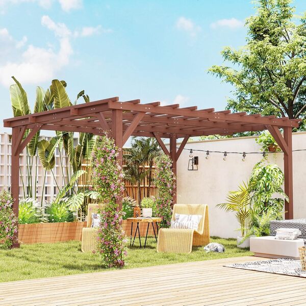 Outsunny Pergola Jardin extérieur 3,3 x 3,8 m pergola en Bois pour Plantes grimpantes, vignes et Fleurs, tonnelle de Jardin, terrasse, Patio, Rouge