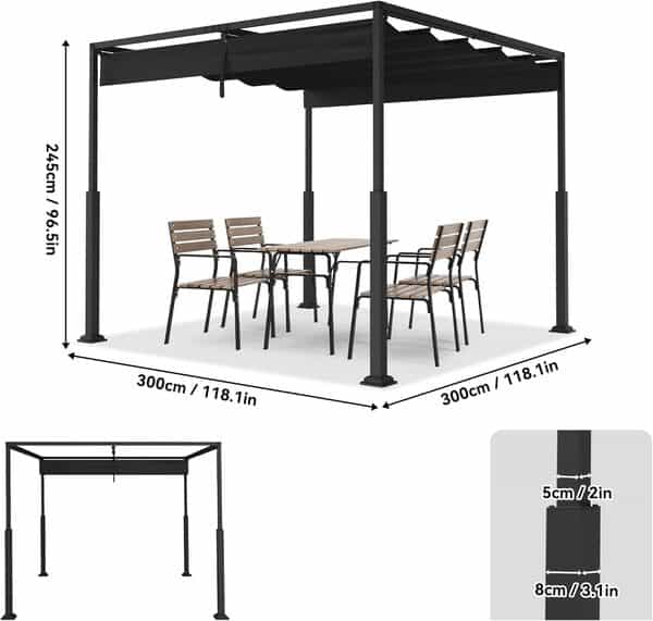 LZQ Pergola Tonnelle 3 x 3 m avec cadre en acier robuste et toit ouvrant réglable, toit de terrasse en polyester revêtu de PA, protection solaire résistante aux intempéries, pour jardin et terrasse