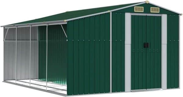 Tidyard Abri de Jardin Vert 277x365,5x179 cm Acier Galvanisé, Remise de Jardin avec Toit et Porte, Solution de Stockage Extérieur Cabane de Rangement à Outils