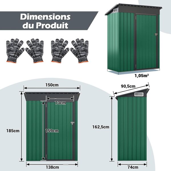 RELAX4LIFE Abri de Jardin en Acier Galvanisé 150x88x185cm, Cabane de Rangement avec Porte Toit Incliné Structure Résistante 2 Paires de Gants, Abri pour Outils pour Poubelles Extérieur (Vert)