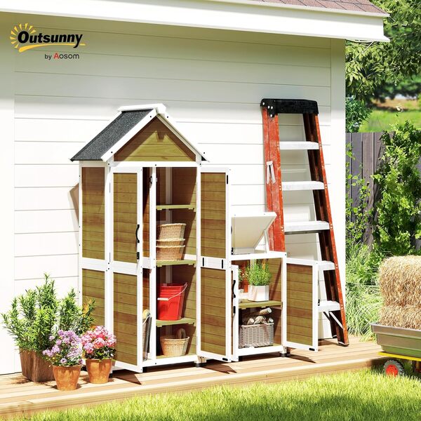 Outsunny Abri de Jardin + Armoire de Rangement en Bois, cabane de Jardin extérieur intérieur avec Toit incliné en Asphalte, étagères et Portes verrouillables, Armoire à Outils pour Balcon, Naturel