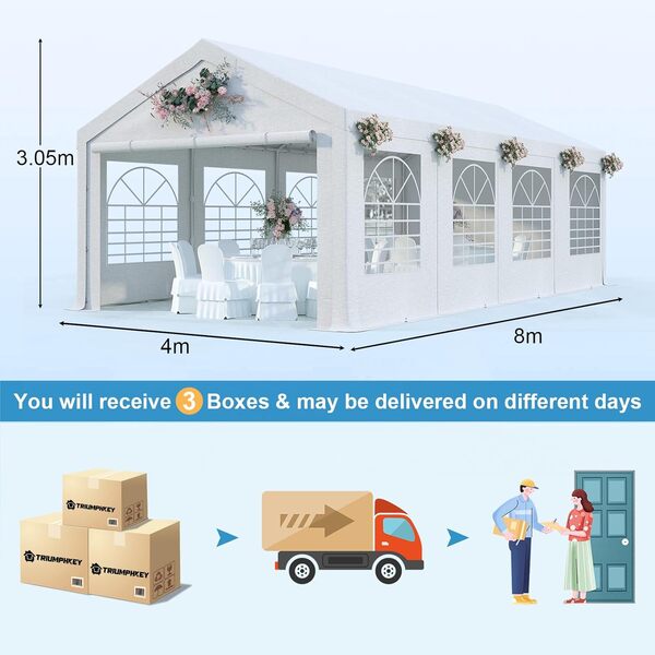 Tente de Reception 4x8,Barnum UV 50+,Tonnelle de Jardin Exterieur,Tonelle Tente pour Les Mariages, Les fêtes, Les rassemblements Blanc Construction en Acier galvanisé avec raccordement