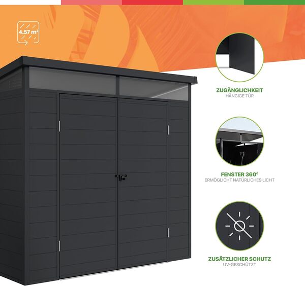 Wasabi Abri de jardin en résine Terra - Lucarne 360° - Structure renforcée en aluminium et PVC - Protection UV - Imperméable - Gris anthracite - Abri extérieur 4,57 m² - 238 x 192 x 215 cm