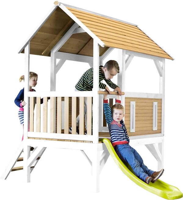 AXI Akela Maison Enfant avec Toboggan rouge | Aire de Jeux pour l'extérieur en marron & VERT | Maisonnette / Cabane de Jeu en Bois FSC
