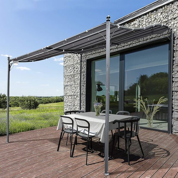 Outsunny Pergola de Jardin auvent 3 x 3 m adossable, Polyester imperméabilisé Anti-UV, métal Gris
