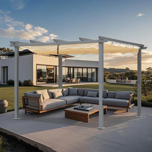 Angel Living [Mise à Jour] Pergola en Aluminium avec Toit rétractable, pavillon au Design élégant, Gazebo avec Tissu en Polyester imperméable et résistant aux UV, Usage extérieur (3x3, Beige)