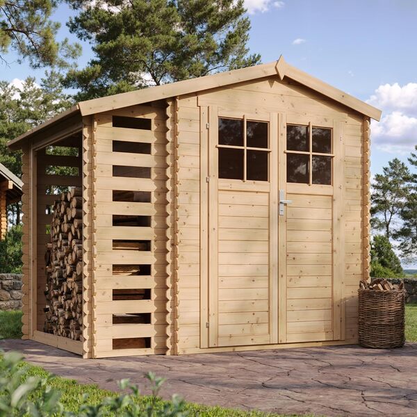Abri de Jardin en Bois et Range bûches extérieur avec Sol TRAITÉ, Porte verrouillable de Haute qualité, Toit Impermeable - I206xL272xH218 cm/ 3,53 + 0,97 m2 TIMBELA M386F+M386G