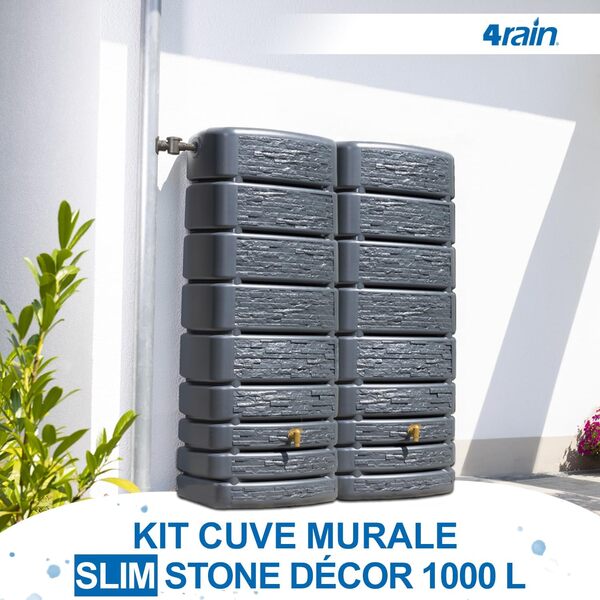 4rain Slim Stone Decor - Kit citerne de pluie - 1000 litres - Gris graphite - 2 tonneaux de pluie/réservoir d'eau de 500 litres avec connecteur + robinet - Réservoir d'eau de pluie résistant au gel