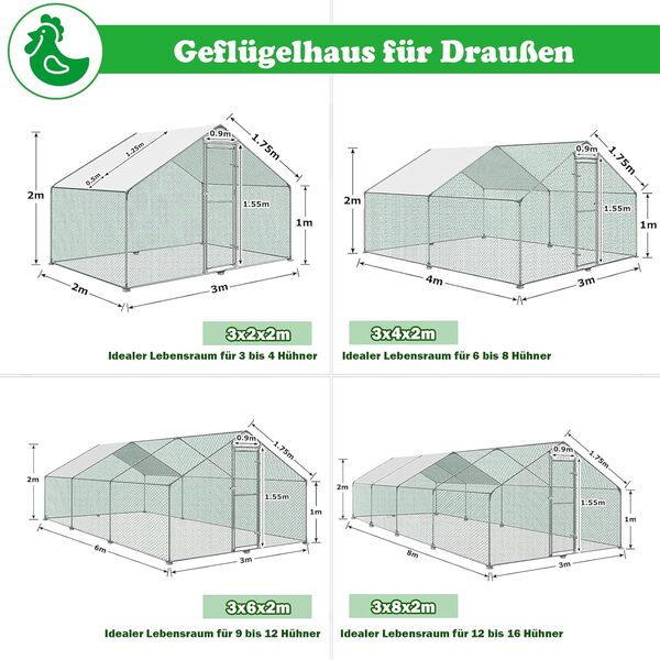 SUBTLETY 3x8x2m Poulailler en Métal Accessible avec Surface de Course de 24m², Porte, Loquet et Toit en Polyéthylène, Enclos Extérieur pour Poules, Petits Animaux et Plantes