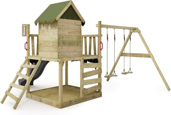 FATMOOSE Aire de Jeux JazzyJungle Jam XXL portique en Bois avec balançoire et Toboggan, Tour d'escalade pour Enfants avec bac à Sable, échelle et Accessoires de Jeu pour Le Jardin. (Anthracite)