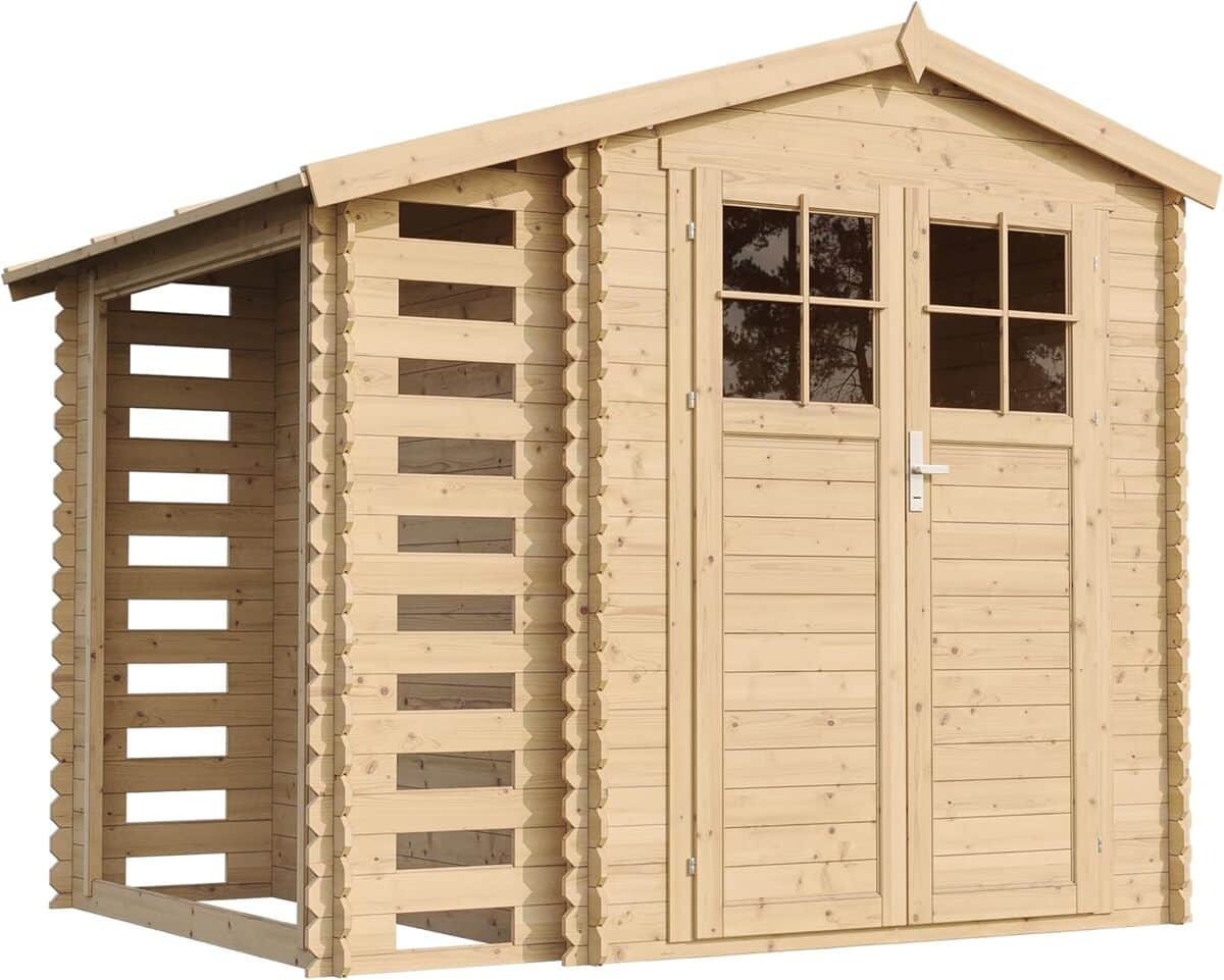 Test de l'abri de jardin en bois Timbela M386F+M386G avec range bûches