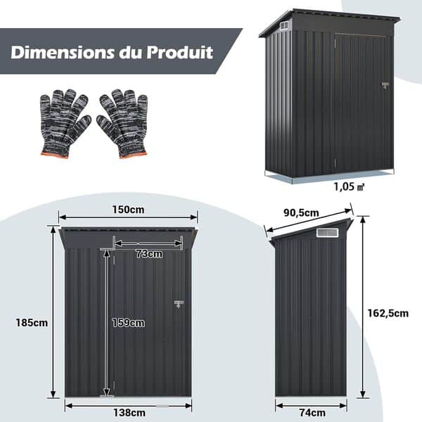 RELAX4LIFE Abri de Jardin en Acier Galvanisé 150x88x185cm, Cabane de Rangement avec Porte Toit Incliné Structure Résistante 2 Paires de Gants, Abri pour Outils pour Poubelles Extérieur (Gris)
