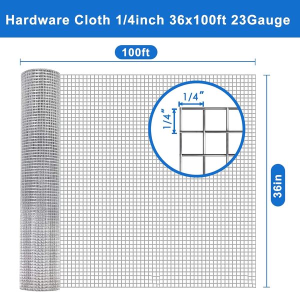 Metamesh Tissu de quincaillerie 6,35 mm, 91,4 cm x 30,5 m, calibre 23, grillage métallique galvanisé à chaud, tissu de quincaillerie pour poulailler, cages à lapins, jardin, petits rongeurs