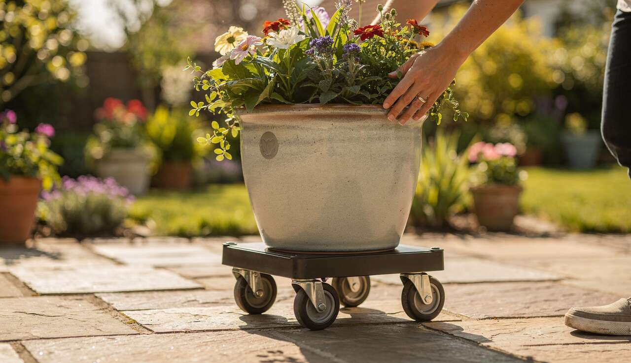 Utilisation du support &agrave; roulettes pour d&eacute;placer les pots de fleurs