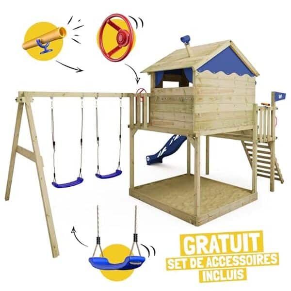 Découvrez notre avis détaillé sur l'aire de jeux Wickey Smart Coast avec balançoire et toboggan bleu, idéale pour divertir vos enfants en toute sécurité.