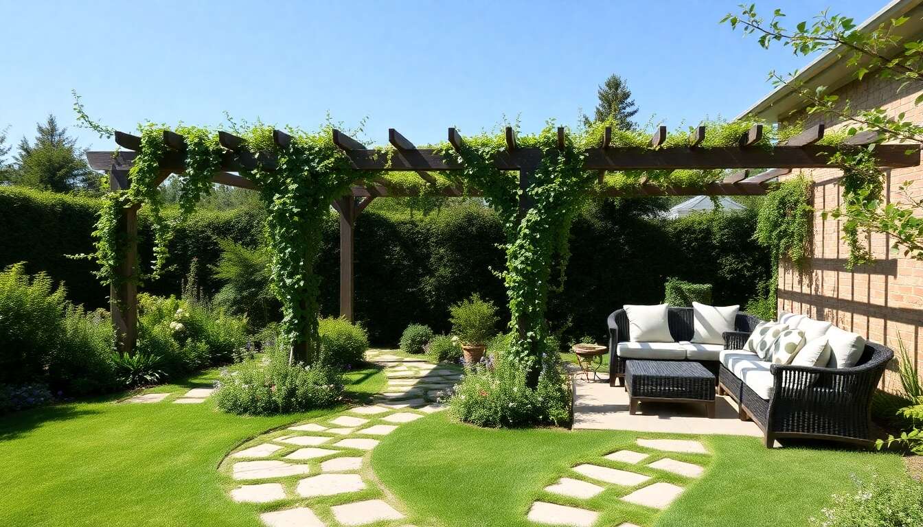 Intégrer des structures et accessoires : pergolas, salons de jardin, et allées