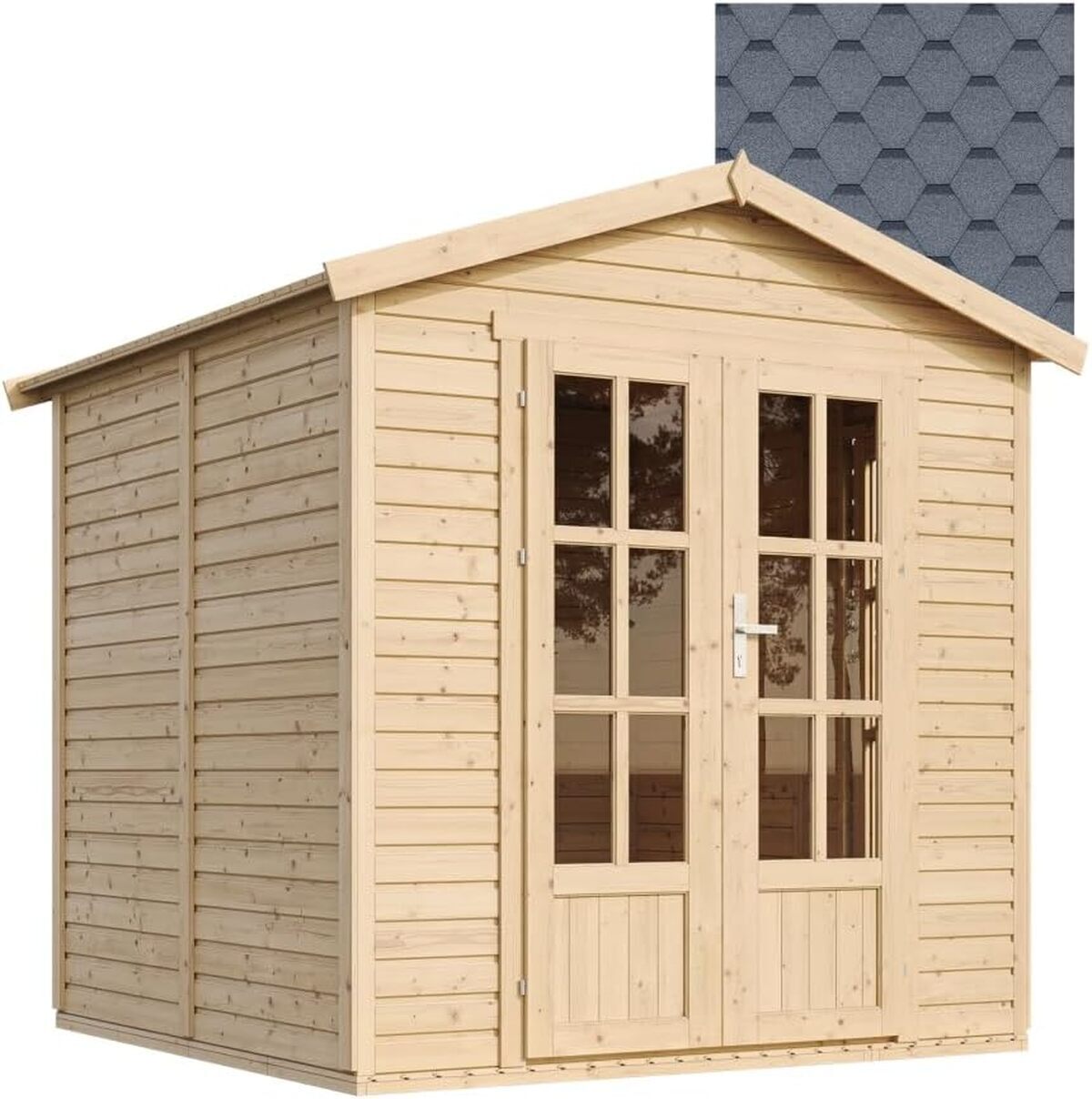 Test de la cabane en bois TIMBELA M351FB avec plancher et bardeaux bitumineux gris